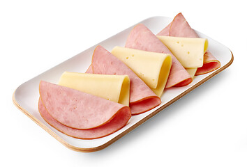 Image showing plate of cheese and ham sausage