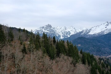 Image showing aerial snow covered mountain peaks in alps at winter 