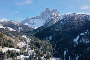 Image showing aerial snow covered mountain peaks in alps at winter 