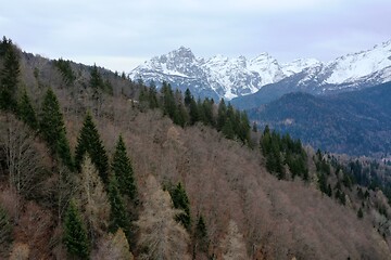 Image showing aerial snow covered mountain peaks in alps at winter 