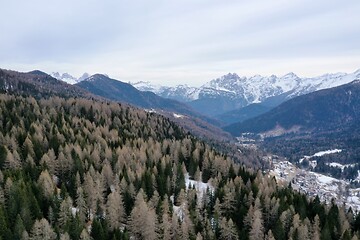 Image showing aerial snow covered mountain peaks in alps at winter 