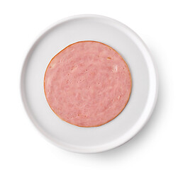 Image showing slice of ham sausage on white plate