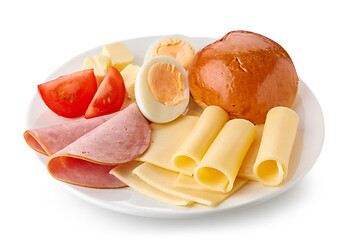 Image showing plate of cheese and ham sausage