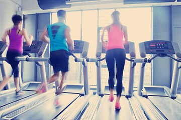 Image showing Group of people running on treadmills