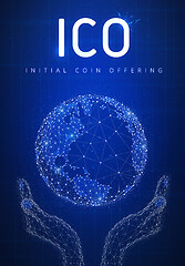 Image showing ICO initial coin offering futuristic hud banner with globe in ha