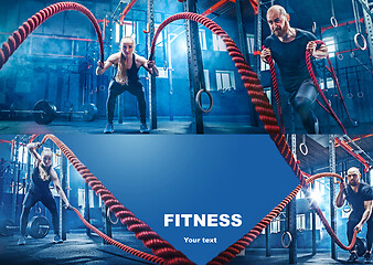 Image showing Collage about exercises in the fitness gym.