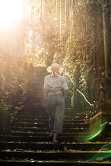 Image showing Rear view of beautiful fashionable stylish female traveler wearing a hat, walking the staircase of traditional hidu tample around Ubud on Bali. Concept of luxury vacation, exploring and discovering t