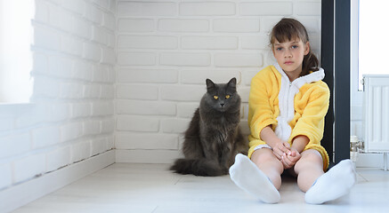 Image showing The punished girl sits in the corner of the room, a large domestic cat sits nearby