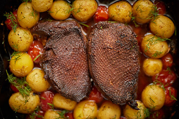 Image showing Close up of Roasted Duck or Goose breast. Served with baked pota