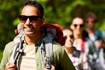 Image showing group of friends with backpacks hiking in forest