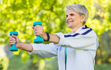 Image showing senior woman with dumbbells exercising at park