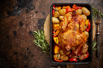 Image showing Whole roasted chicken or turkey with pumpkin, potatoes, red pepper and rosemary.