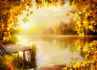 Image showing Wooden pier by river