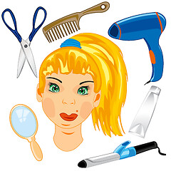 Image showing Person of the girl and tools care for hair