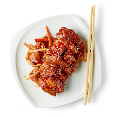 Image showing plate of fried meat in teriyaki sauce