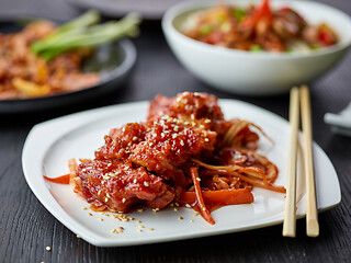 Image showing plate of fried meat in teriyaki sauce