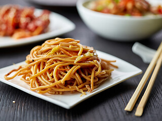 Image showing plate of fried noodles with vegetables