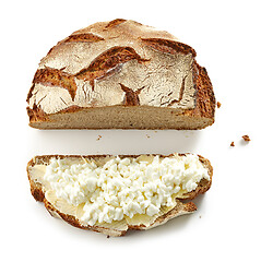 Image showing slice of bread with butter and fresh cottage cheese