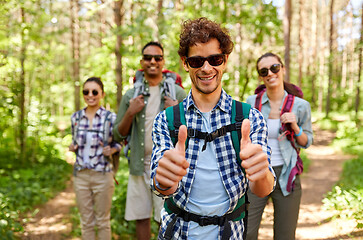 Image showing friends with backpacks showing thumbs up in forest