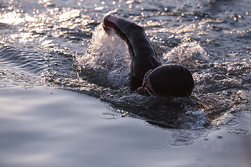 Image showing triathlon athlete swimming on lake in sunrise wearing wetsuit