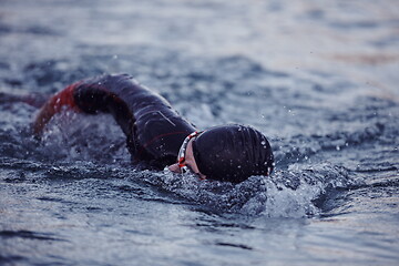 Image showing triathlon athlete swimming on lake in sunrise wearing wetsuit