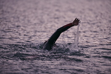 Image showing triathlon athlete swimming on lake in sunrise wearing wetsuit