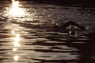 Image showing triathlon athlete swimming on lake in sunrise wearing wetsuit