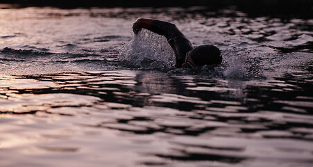 Image showing triathlon athlete swimming on lake in sunrise wearing wetsuit