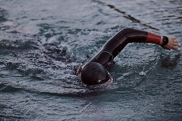 Image showing triathlon athlete swimming on lake in sunrise wearing wetsuit