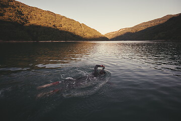 Image showing triathlon athlete swimming on lake in sunrise wearing wetsuit