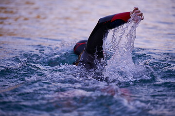 Image showing triathlon athlete swimming on lake in sunrise wearing wetsuit