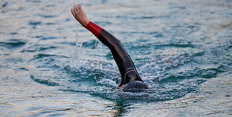 Image showing triathlon athlete swimming on lake in sunrise wearing wetsuit