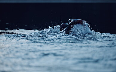 Image showing triathlon athlete swimming on lake in sunrise wearing wetsuit