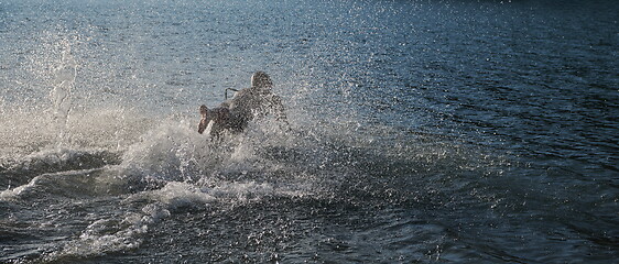 Image showing triathlon athlete starting swimming training on lake