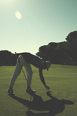 Image showing golf player placing ball on tee