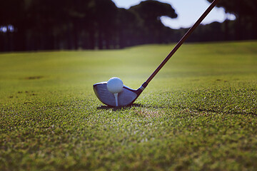 Image showing golf player placing ball on tee