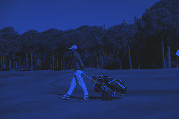 Image showing golf player walking with wheel bag