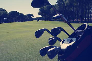 Image showing close up golf bag on course