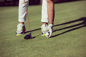 Image showing golf player placing ball on tee