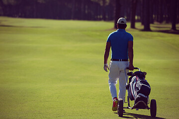 Image showing golf player walking with wheel bag