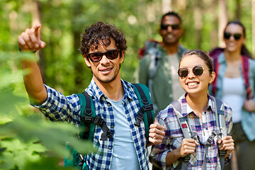 Image showing group of friends with backpacks hiking in forest