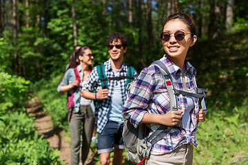 Image showing group of friends with backpacks hiking in forest