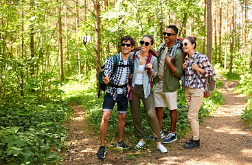 Image showing friends with backpacks hiking and taking selfie