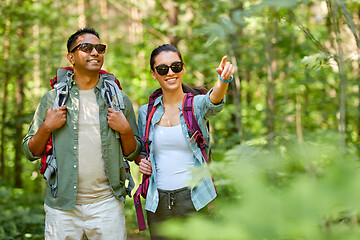 Image showing mixed race couple with backpacks hiking in forest