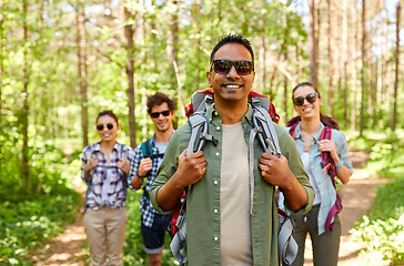 Image showing friends with backpacks on hike in forest