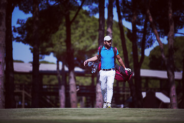 Image showing golf player walking and carrying bag