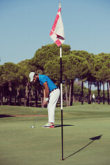 Image showing golf player hitting shot at sunny day