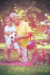 Image showing grandfather and child have fun  in park