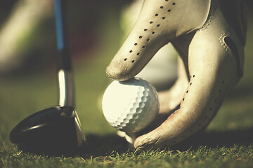 Image showing golf player placing ball on tee