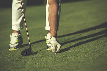 Image showing golf player placing ball on tee